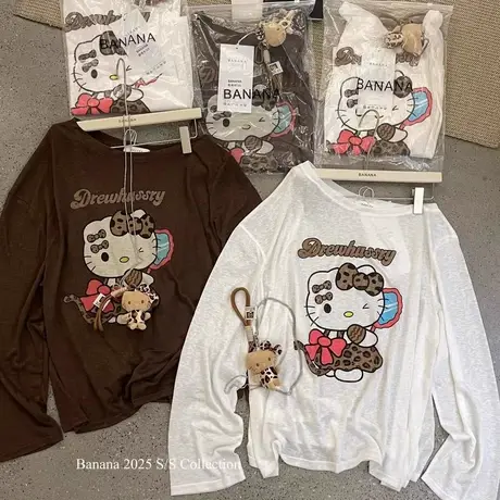 韩国东大门夏季新款可爱卡通KT猫印花防晒罩衫上衣女斜肩长袖T恤商品大图