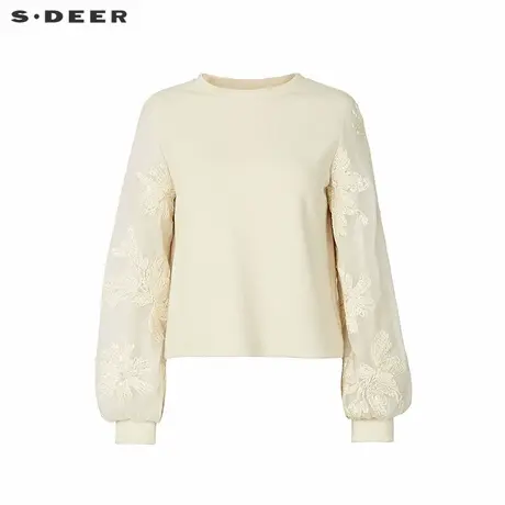 sdeer圣迪奥女装复古圆领绣花拼接长袖T恤S244Z0203商品大图