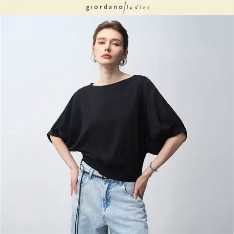 GL2025夏季新款蝙蝠袖针织衫女拼接宽松一字领针织上衣女02355021商品大图