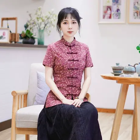 筠雅夏季新款简约清新旗袍式上衣唐装女改良版修身复古素衣24J202图片