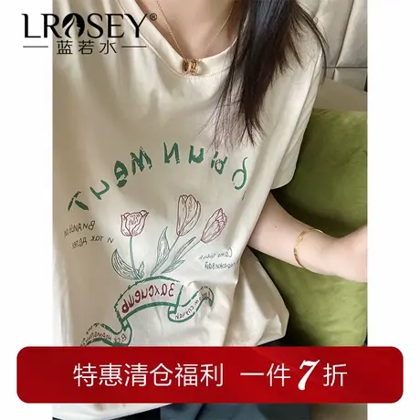 蓝若水大码女装文艺复古花朵印花宽松T恤胖MM夏季新品显瘦上衣商品大图
