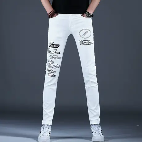 2024新款欧洲站烫钻白色牛仔裤男款高级品牌裤子春秋小脚修身男裤商品大图