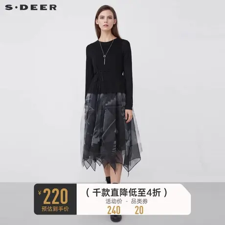 sdeer圣迪奥女装春秋装圆领收腰网纱印花两件套连衣裙S213Z1229商品大图