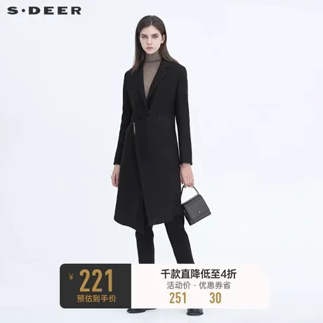 sdeer圣迪奥冬季女装休闲平驳领拼接黑色长款毛呢大衣S20481816➡商品大图