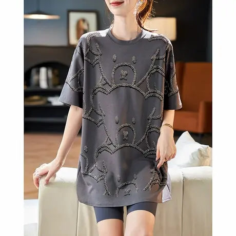 宝诗黎中长款烫钻宽松短袖T恤2025夏季慵懒百搭棉质休闲女装上衣商品大图