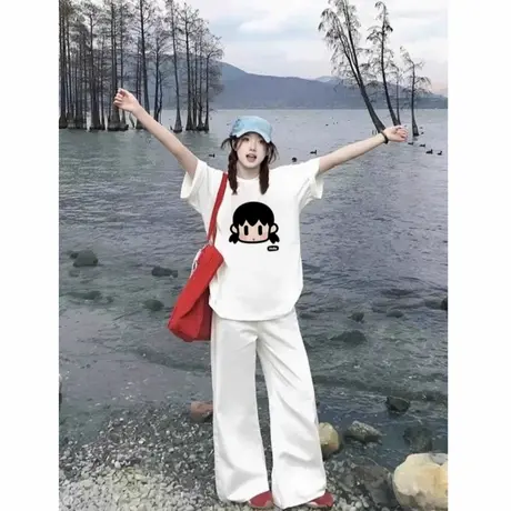 白色纯棉夏日短袖t恤女上衣韩系轻奢高级感2025新款宽松趣味印花商品大图