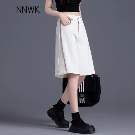 米白色天丝牛仔短裤女夏薄款高腰阔腿五分裤宽松显瘦a字外穿中裤商品大图