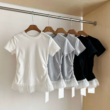 芭蕾风褶皱收腰短袖T恤女夏季修身韩版内搭打底衫蕾丝花边上衣潮商品大图