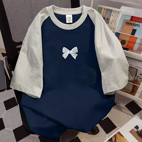 美式oversize大码小众学院风插肩袖上衣夏ins潮纯棉撞色T恤短袖女商品大图