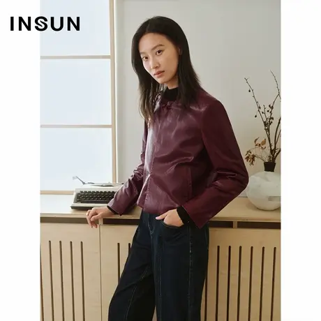 INSUN恩裳专选2025春季安可拉红绵羊皮真皮短款皮衣图片