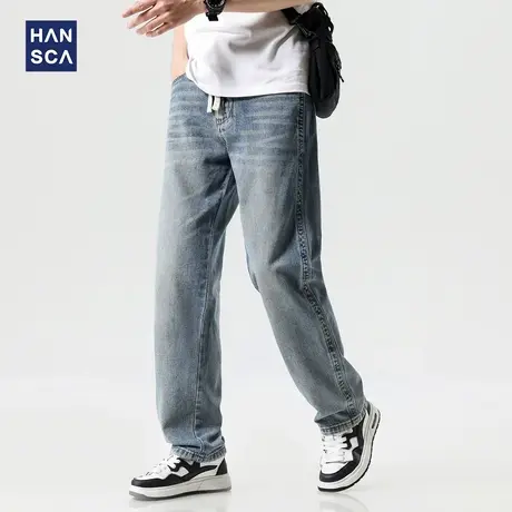 hansca莱赛尔直筒牛仔裤男2025年春季美式街头复古猫须水洗长裤子图片