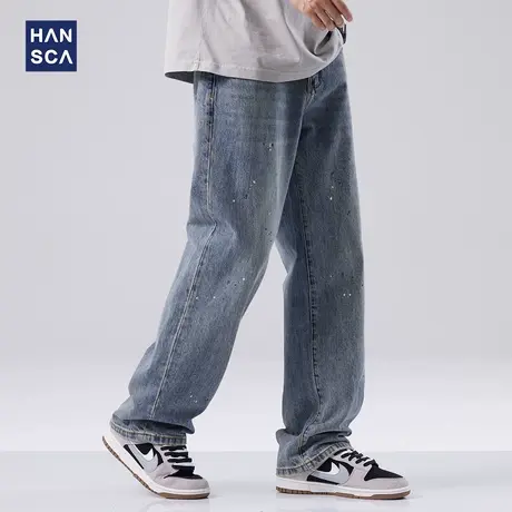 hansca美式泼墨牛仔裤男春季复古水洗直筒阔腿宽松休闲大码长裤子商品大图