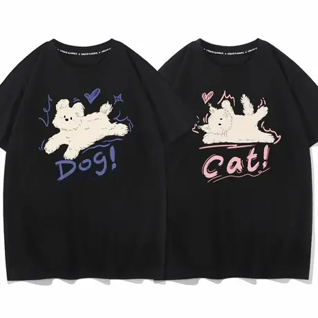 秀洛不一样情侣装夏装t恤猫狗印花情侣短袖2025新款纯棉高级感图片