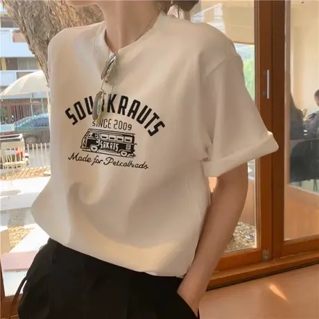 美式纯棉打底印花短袖T恤女春季新款2025宽松设计感休闲半袖上衣商品大图