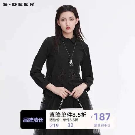 S·DEER圣迪奥女装简约翻领镂空不规则黑色衬衫S22180523图片