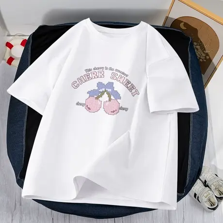 纯棉短袖t恤女2025新款夏季小个子学生白色上衣半袖圆领衣服女装商品大图