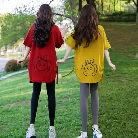 中长款T恤女2025春夏新款韩版后背卡通刺绣宽松短袖圆领百搭上衣图片