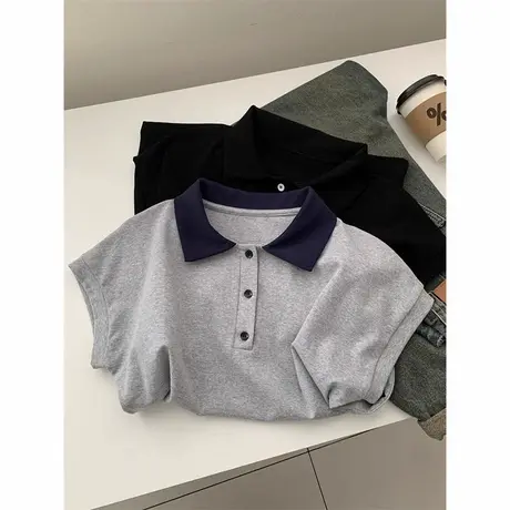 撞色Polo领插肩短袖T恤女夏季修身显瘦韩版bf学院风纯棉半袖上衣图片