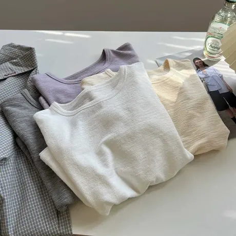 短款小个子肌理褶皱感短袖T恤女夏季修身韩版打底衫内搭正肩上衣商品大图