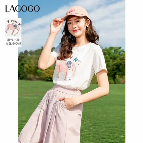 LAGOGO大象刺绣独特正肩T恤女拉谷谷2025年夏季新款透气白色短袖商品大图