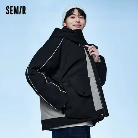 森马羽绒服男2024冬季新款男士亮彩拼色连帽派克服黑色中长款外套图片