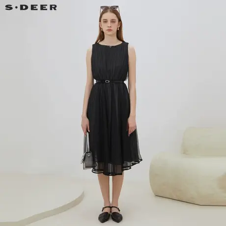 sdeer圣迪奥女装圆领褶皱网纱无袖连衣裙S222Z124V商品大图
