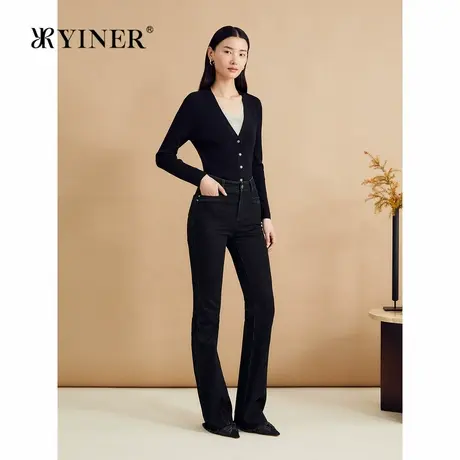 YINER音儿秋季绵羊毛法式亮丝假两件撞色双V领毛针织衫图片