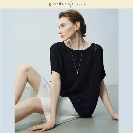 GL2025夏季新款短袖针织衫女镂空罩衫圆领连袖宽松针织衫02355041商品大图