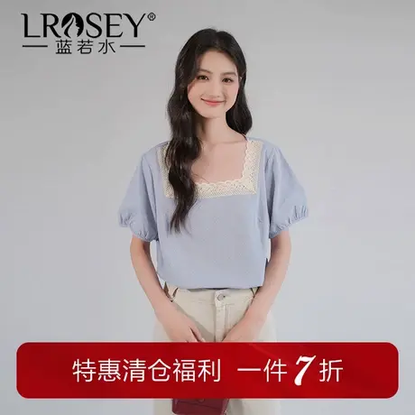 蓝若水大码女装甜美蕾丝方领短袖衬衫夏季新品胖mm减龄显瘦上衣商品大图
