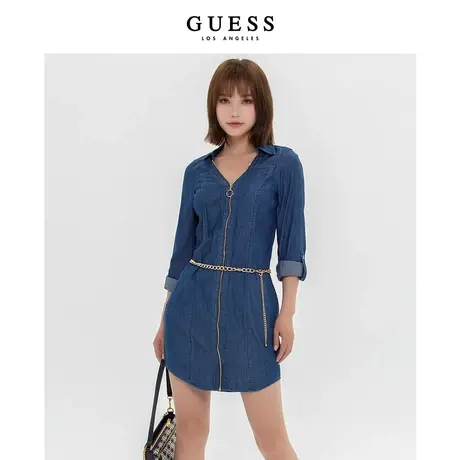 【38上新季】GUESS新款女士polo领长袖衬衫式系带牛仔连衣裙商品大图