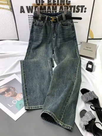 复古做旧牛仔阔腿裤女2023秋季新款显瘦百搭磨白高腰裤宽松男友裤图片