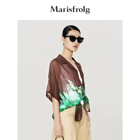 【6A级桑蚕丝】玛丝菲尔夏季咖色轻薄款雪纺花稿衬衫女图片
