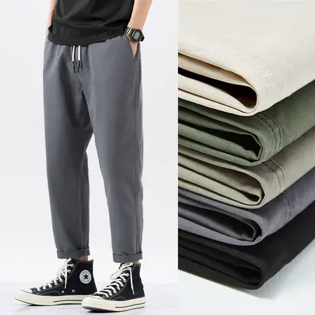 汉斯卡九分休闲裤男夏季薄款纯棉宽松直筒简约运动卡其工装裤子男商品大图