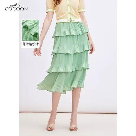 miss COCOON高腰荷叶边半身裙女装2023夏季新款中长款百搭蛋糕裙商品大图