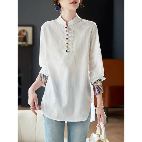 宝诗黎国风条纹刺绣长袖衬衫2025春季新款洋气百搭白色职业衬衣女商品大图
