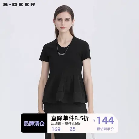 sdeer圣迪奥女装简约圆领拼接不规则短袖T恤S21280164🐥商品大图