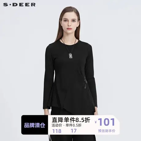 sdeer圣迪奥打底衫 🎟女内搭个性圆领拼接不规则长袖T恤S20480208商品大图