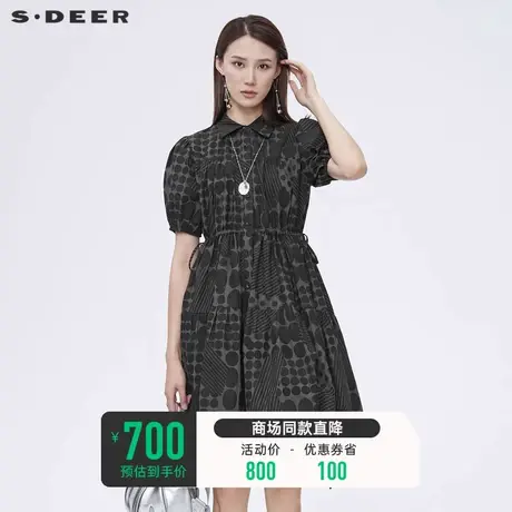 sdeer圣迪奥夏季黑色波点连衣裙夏装甜美印花收腰衬衫裙S22281217商品大图