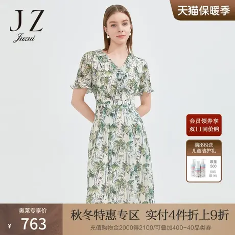 JZ玖姿气质V领木耳边裙子女2022夏季新款烫金椰树印花收腰连衣裙商品大图