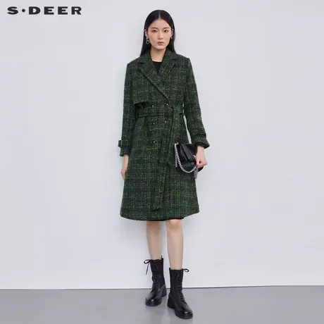 sdeer圣迪奥冬装女装西装领格纹长款毛呢大衣S224Z2543🏜商品大图