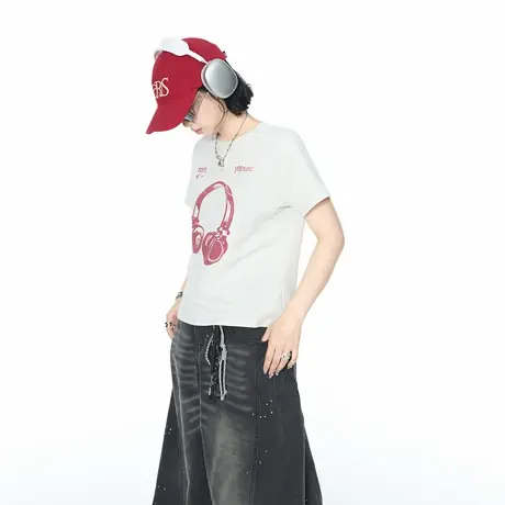 美式街头甜辣风短款耳机印花短袖T恤女2025夏季新款正肩修身上衣图片