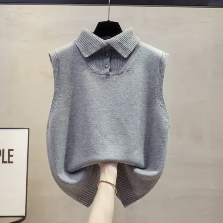 设计感翻领针织马甲女2024秋冬新款宽松叠穿时尚毛背心无袖毛衣女图片