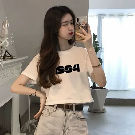 2025夏季圆领短款短袖百搭t恤辣妹设计上衣ins修身显瘦小众潮流女商品大图