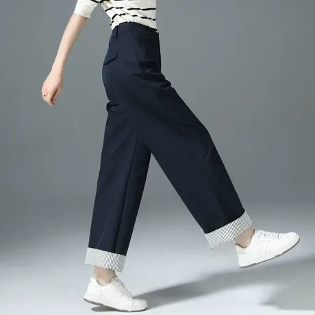藏蓝色设计感条纹卷边阔腿裤女2025新款小个子九分翻边直筒休闲裤商品大图