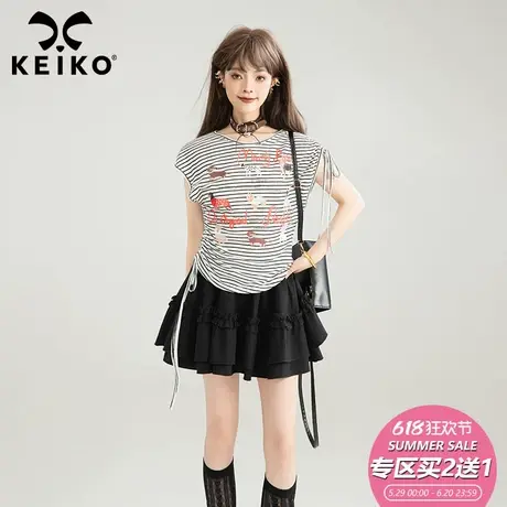 KEIKO 小狗印花条纹短袖t恤女夏季美式复古腰部抽褶显瘦休闲上衣商品大图