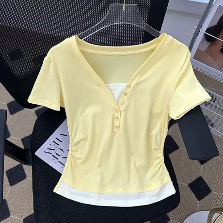 设计感小众别致假两件短袖T恤女夏季小个子修身打底衫短款上衣潮商品大图