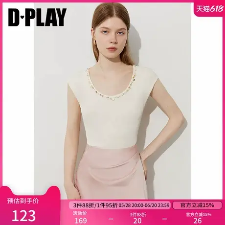 DPLAY2025年夏季新款白色针织小衫女镂空蕾丝圆领贝壳设计优雅T恤商品大图