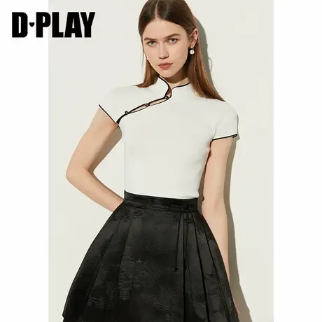 DPLAY夏季新中式白色气质镂空立领改良国风针织背心T恤女上衣商品大图