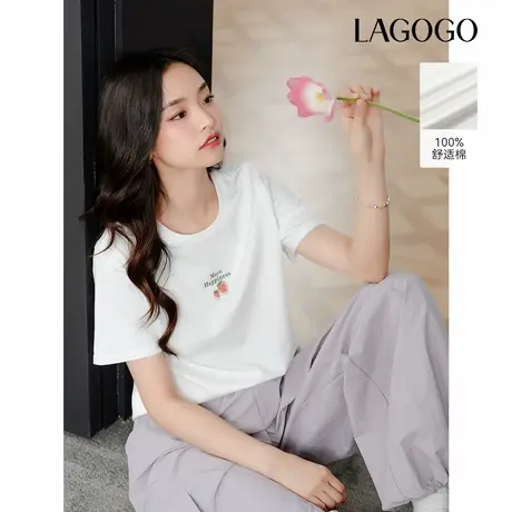 LAGOGO圆领草莓印花百搭T恤女拉谷谷2025年夏季新款白色休闲短袖商品大图