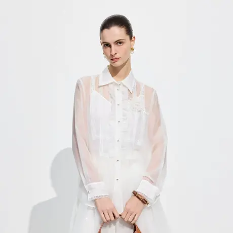 可可尼COCOON 商场同款夏季立体花朵装饰花卉蕾丝轻薄衬衫上衣女商品大图